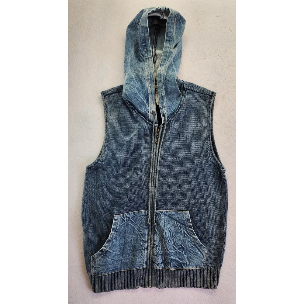 PBJ Blues Vintage Denim Knit Hooded Full Zip Vest Size M Grunge Indie Boho